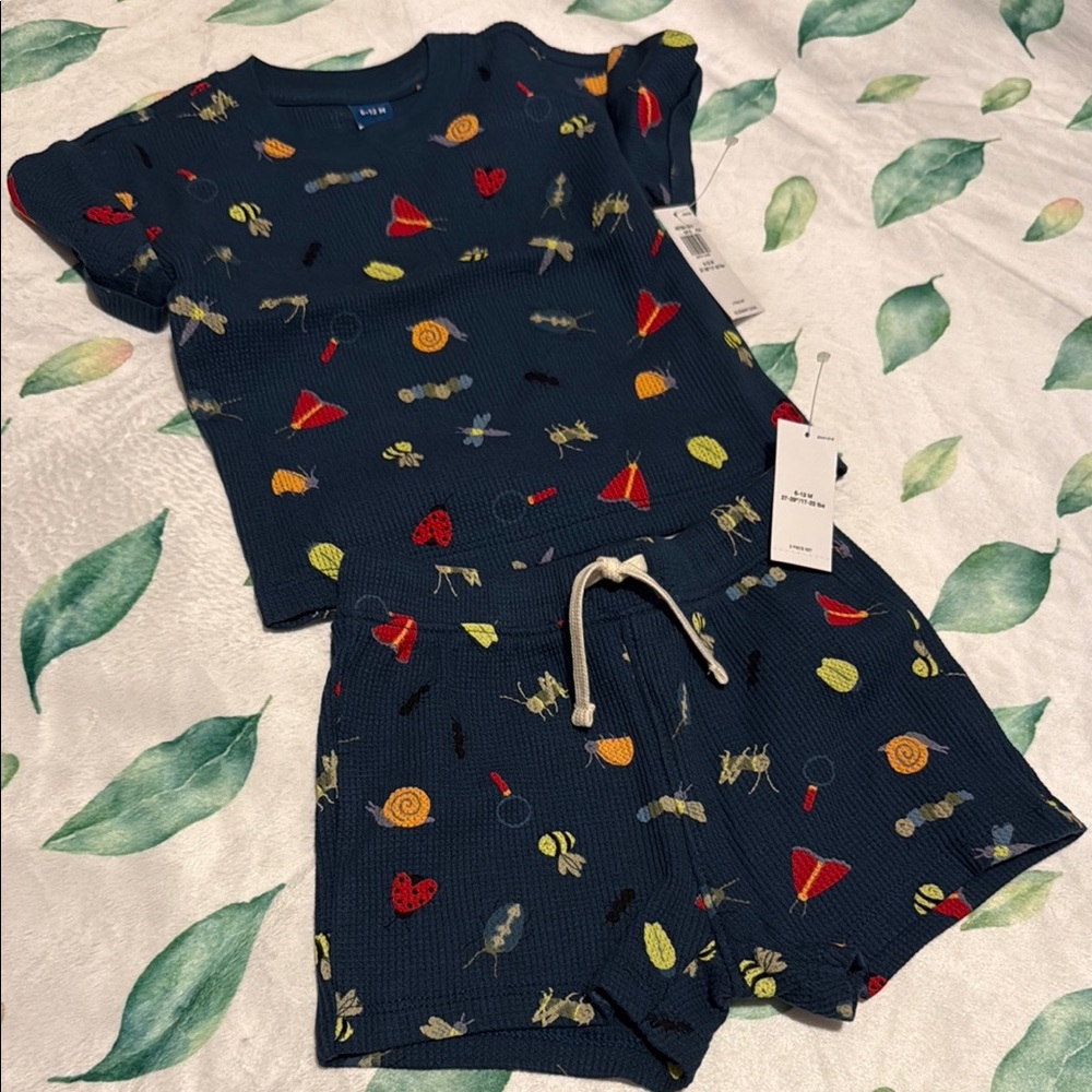 Boys navy waffle shirt& short set with Playful bug Design